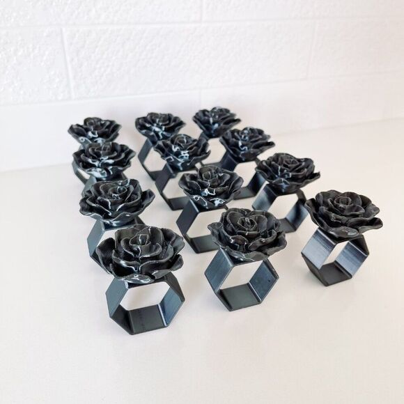 Elegant Rose Napkin Rings – Black Satin- Handmade - Wedding Party Event Planner - Picture 12 of 13